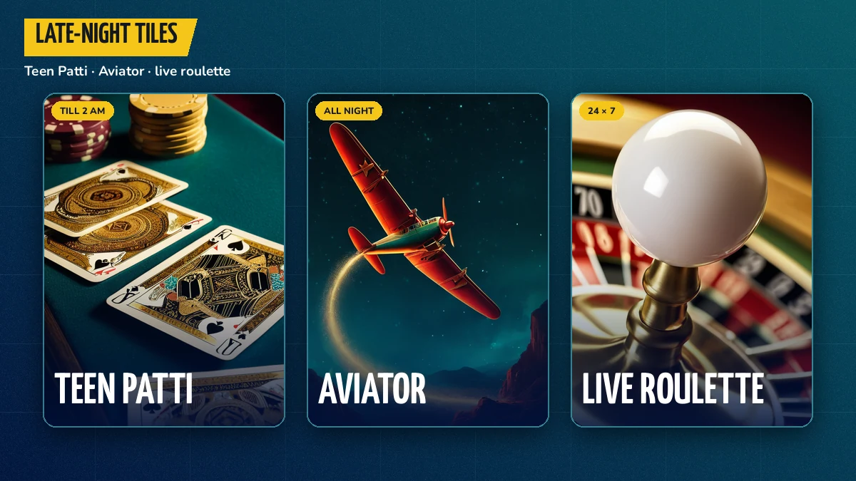 Strip of FairPlay late night game tiles for Teen Patti, Aviator and live roulette