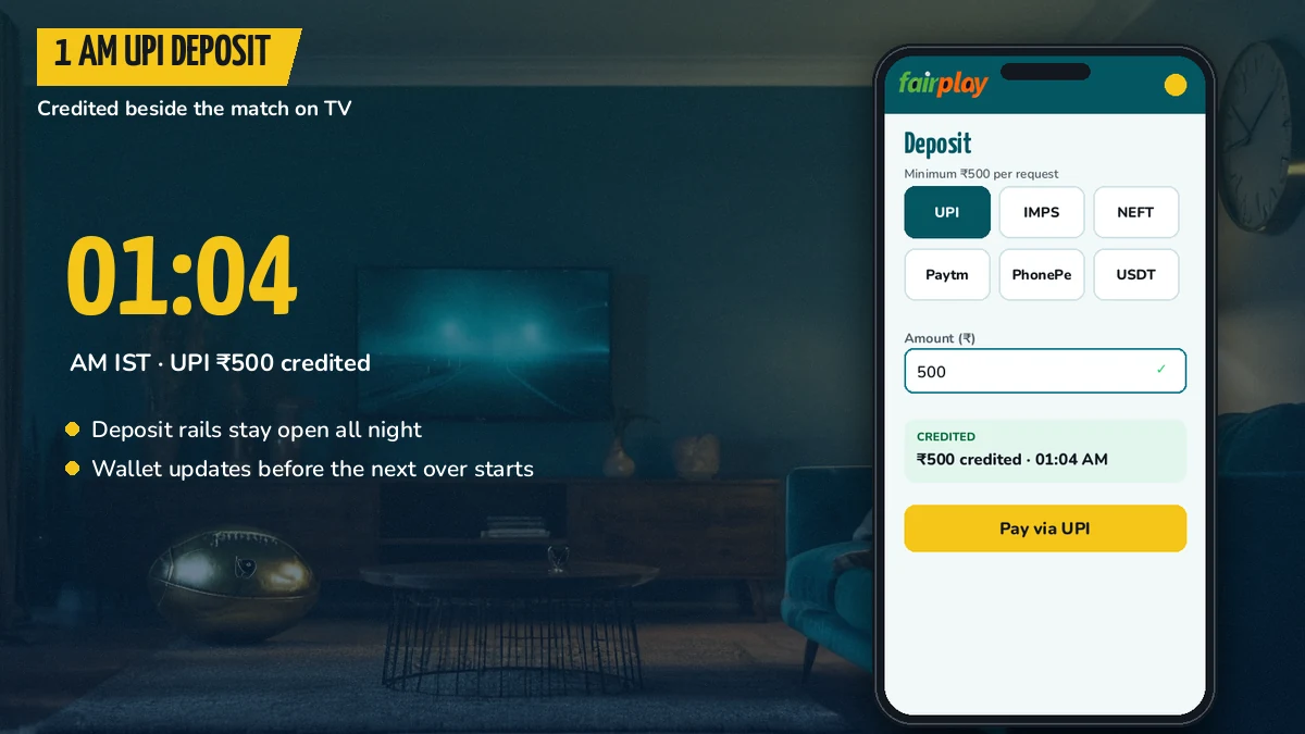 Phone showing a FairPlay UPI deposit confirmed at one in the morning beside a match on TV