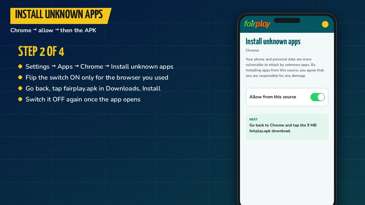 Phone screen showing the Android install unknown apps switch turned on for Chrome before the FairPlay APK installs