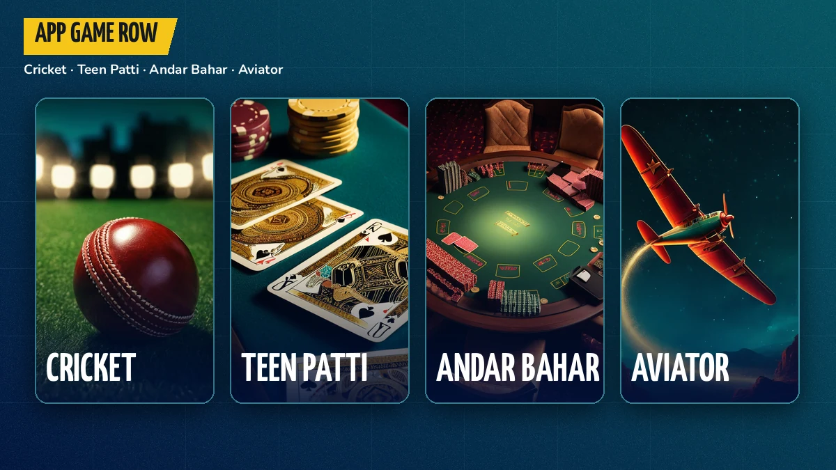 Row of FairPlay app game tiles for cricket, Teen Patti, Andar Bahar and Aviator on a phone screen