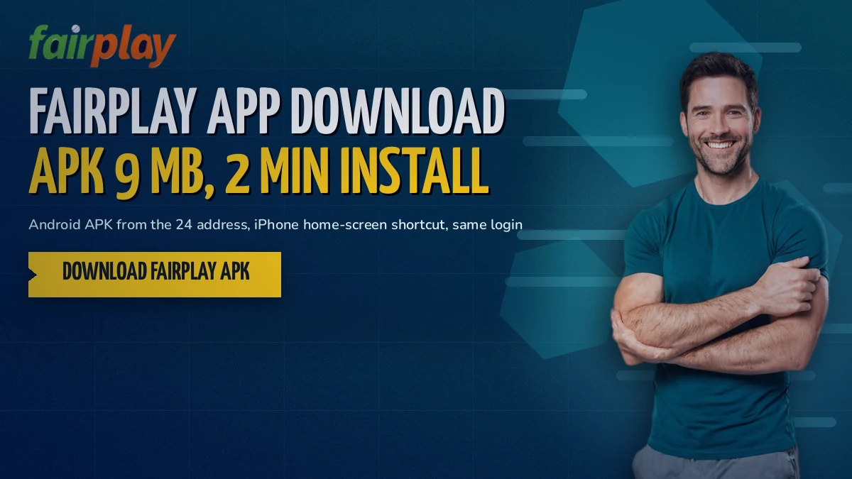 Smiling cricketer holding one phone that shows the FairPlay APK install prompt on Android