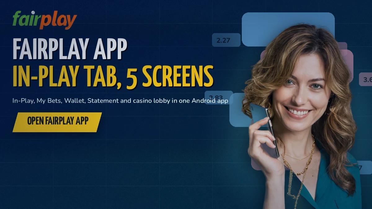 Smiling adult fan holding one phone that shows the FairPlay app In-Play tab with cricket prices