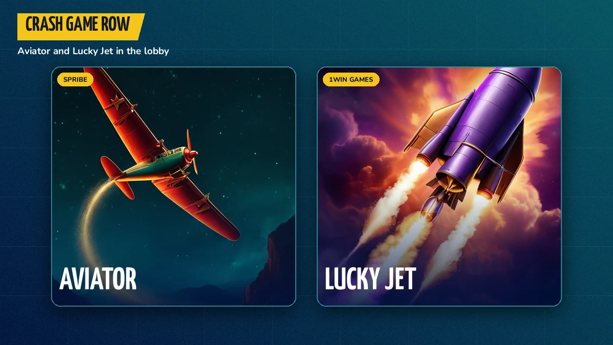 Crash game tiles for Aviator and Lucky Jet lined up in the FairPlay casino lobby row