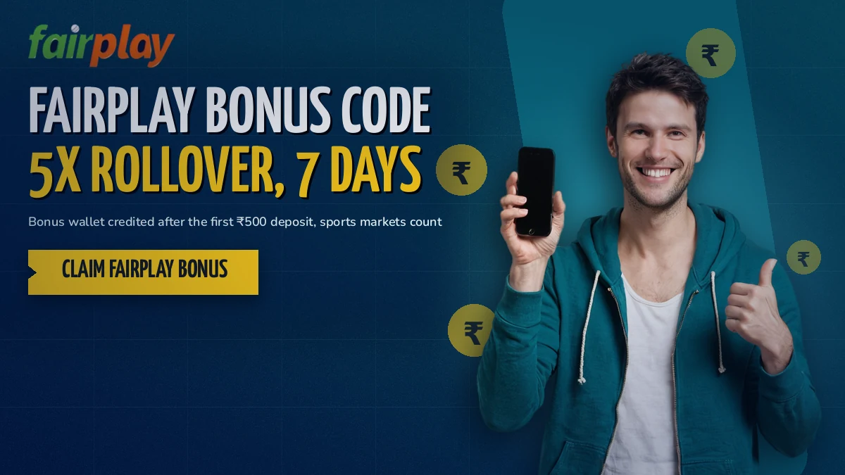 Smiling cricket fan holding a phone that shows a FairPlay bonus wallet credited after a first deposit
