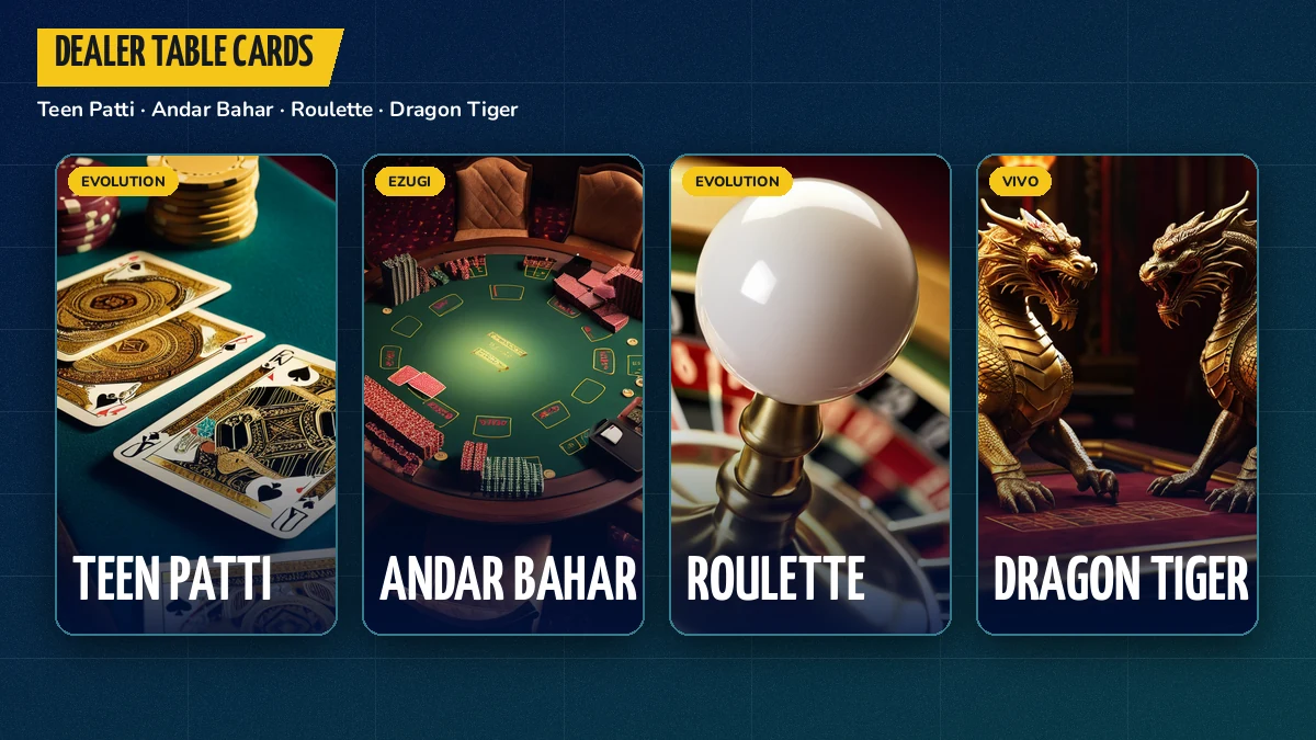 Strip of FairPlay dealer games showing teen patti, andar bahar, roulette and dragon tiger table cards