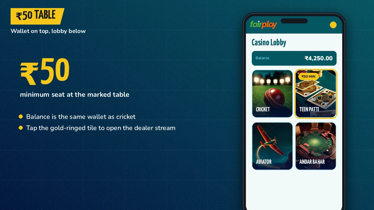 Phone showing the FairPlay wallet balance above the casino lobby with a 50 rupee table highlighted