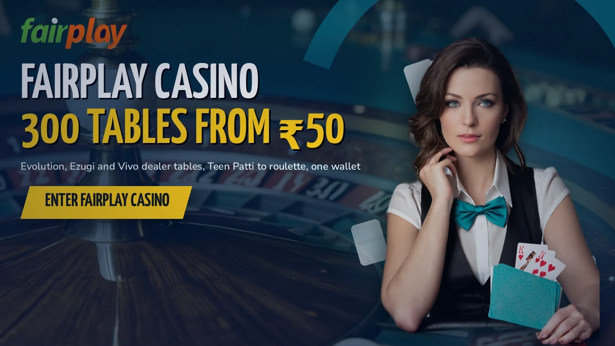 Live dealer at a roulette wheel beside the FairPlay casino banner showing 300 tables from 50 rupees