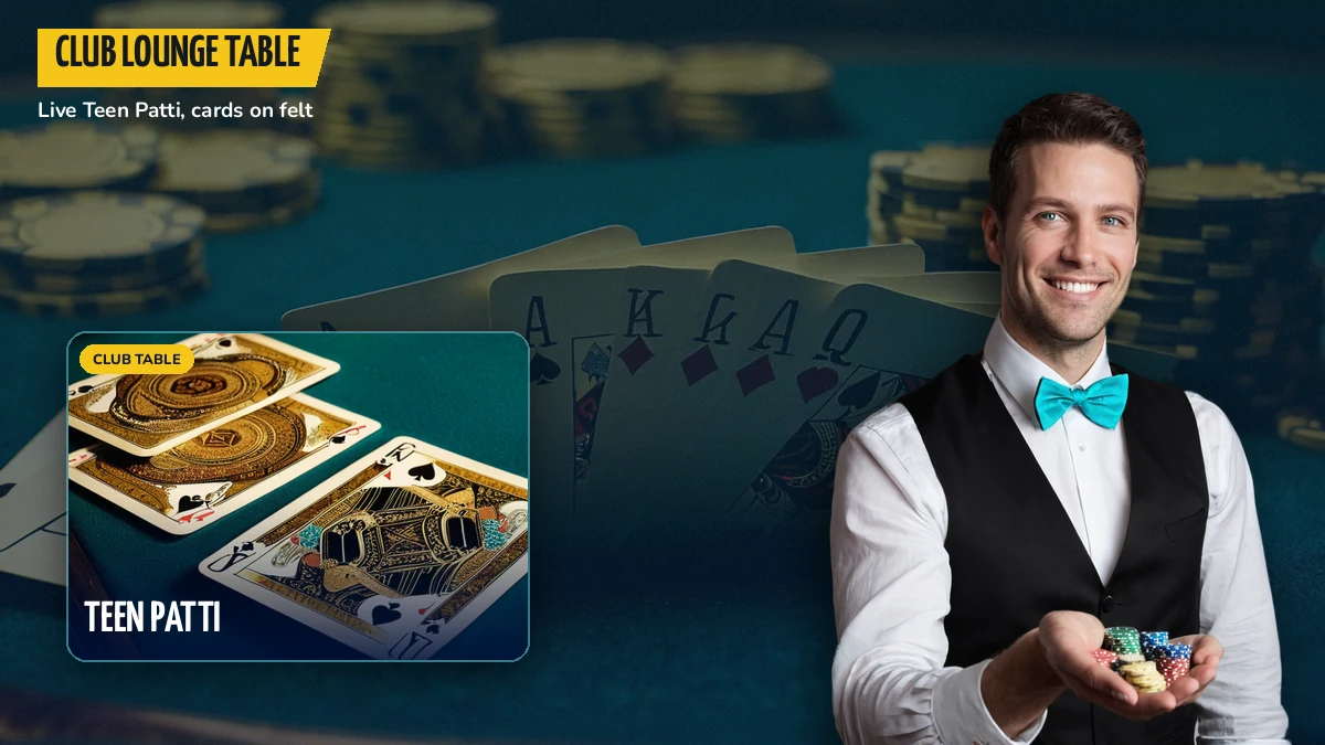 Dealer at a live teen patti table in the FairPlay Club lounge with cards laid out on felt