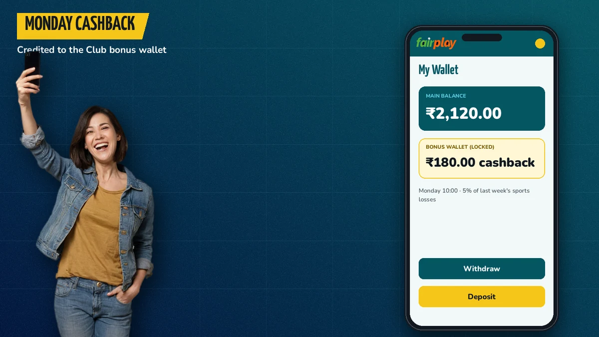 Cricket fan checking a Monday cashback credit on the FairPlay Club bonus wallet screen