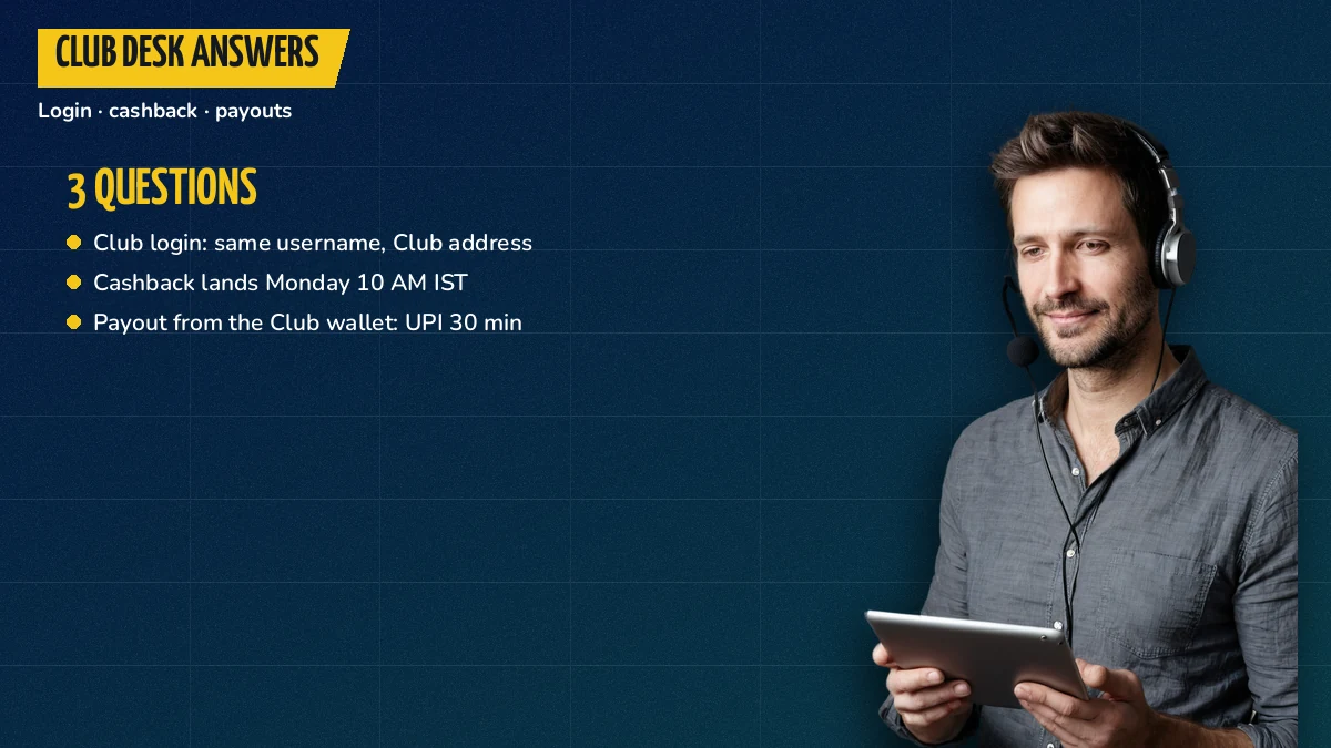 Support agent with a headset answering FairPlay Club questions about login, cashback and payouts