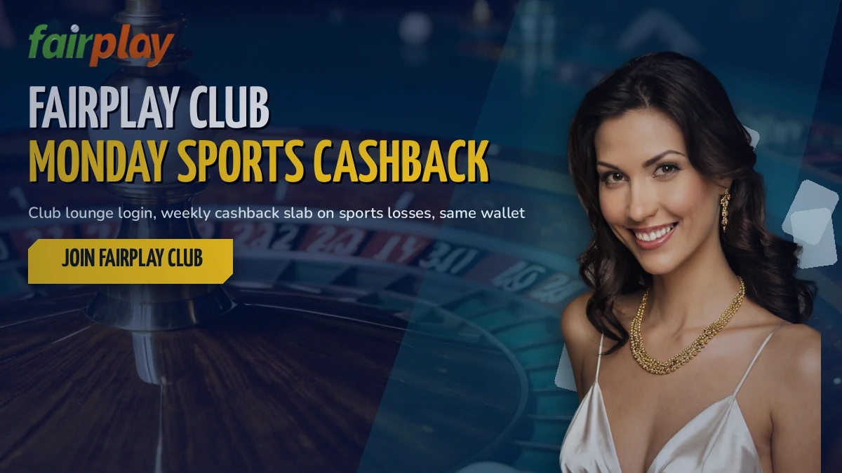 Casino hostess beside a roulette wheel announcing the FairPlay Club lounge and its Monday sports cashback