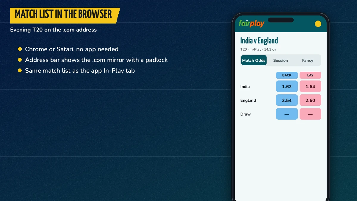 Cricket exchange match list on FairPlay open in a phone browser during an evening T20