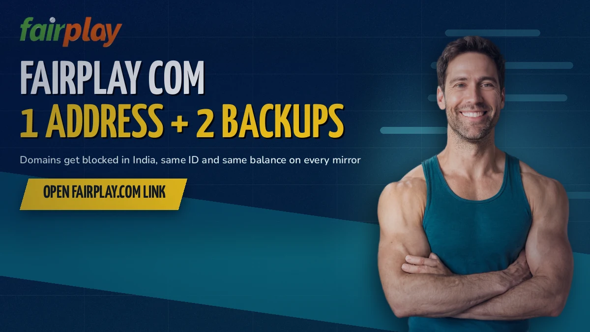Smiling adult cricket fan checking the FairPlay dot-com address and two backup links on a phone