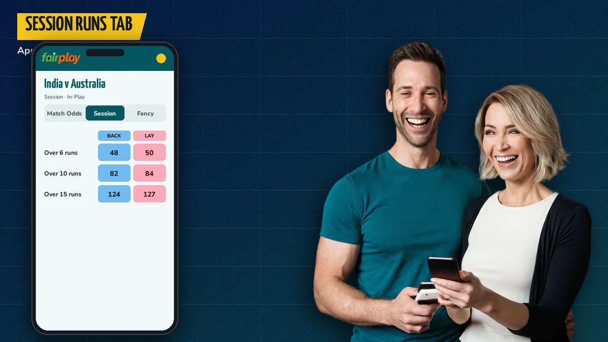 Cricket fan holding one phone showing the FairPlay app with the session runs tab open