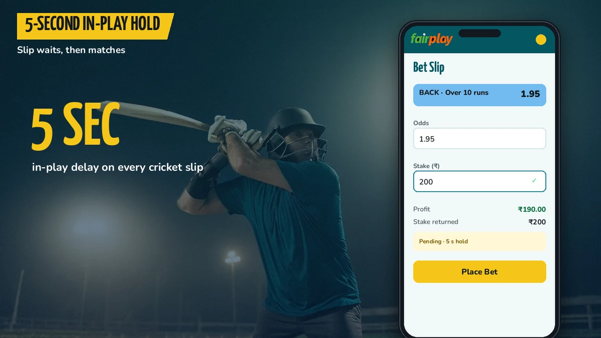 Split screen with a batter mid-shot and a FairPlay bet slip showing a pending five-second in-play hold