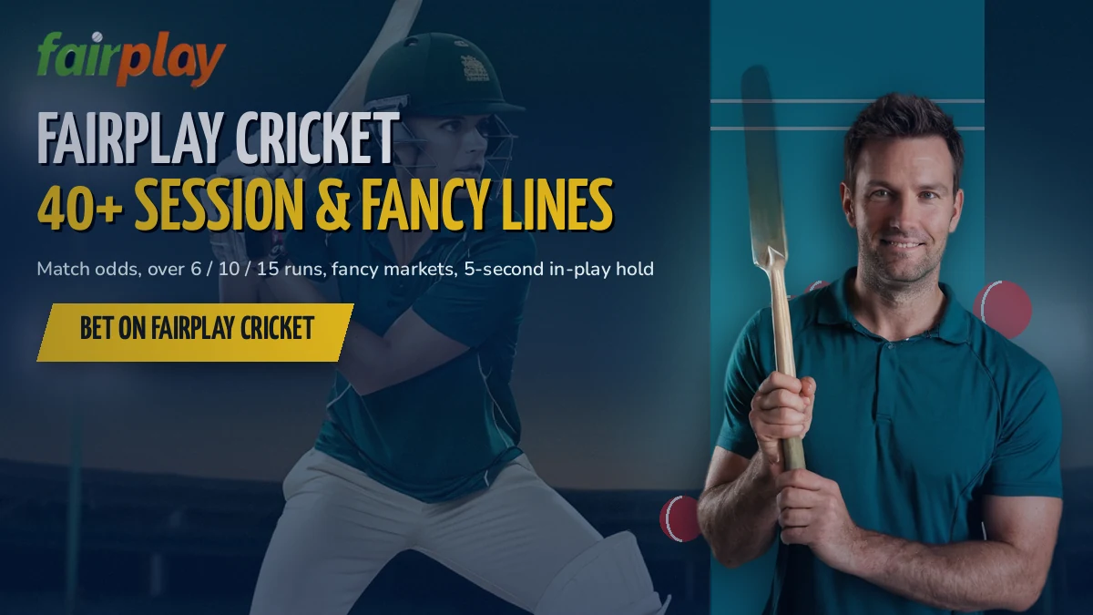 Cricketer in a training top beside a FairPlay cricket board that lists over forty session and fancy lines