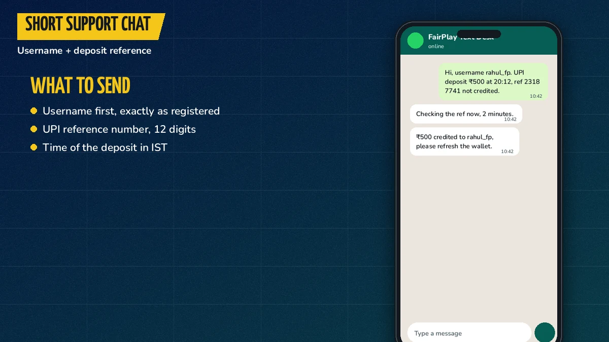Phone screen showing a short FairPlay support chat with a username and a deposit reference