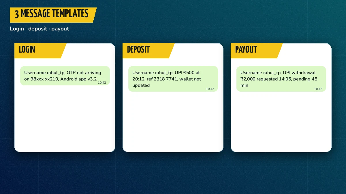 Three message templates for login, deposit and payout problems laid out as chat bubbles