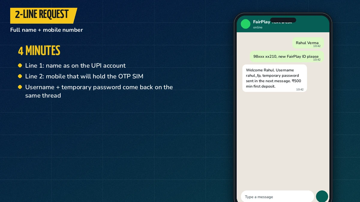 Phone screen with a two-line message giving a full name and mobile number to request a new account