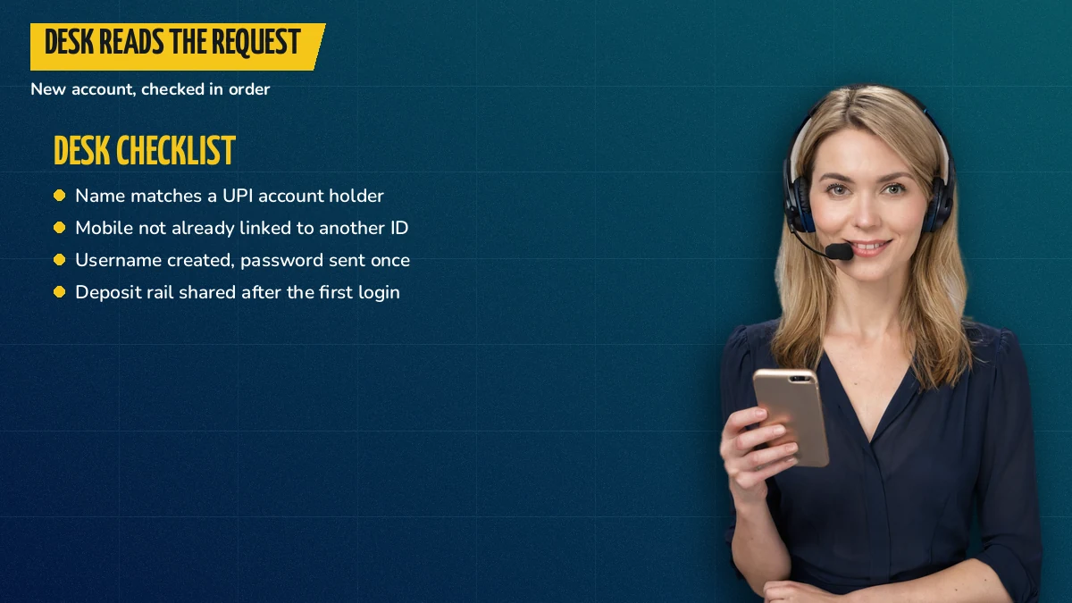 Support desk agent with a headset reading an incoming chat request for a new account