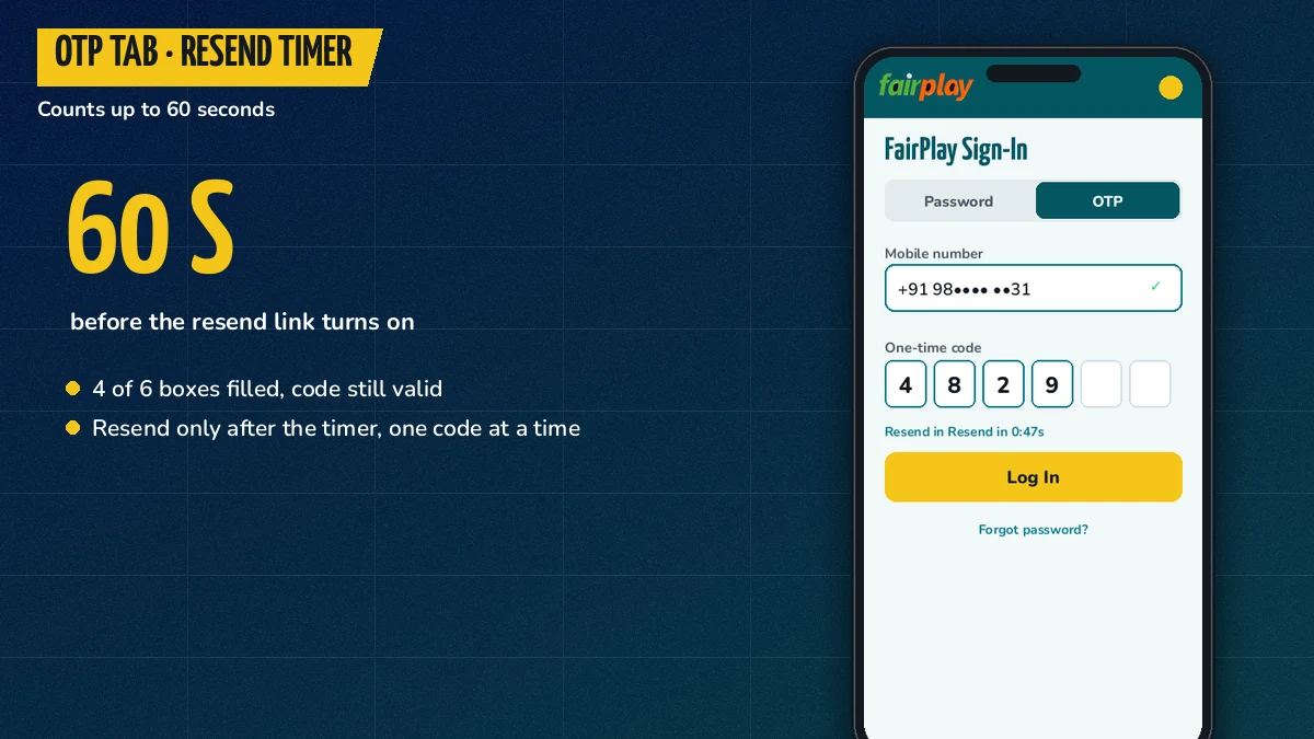 Phone screen showing the FairPlay 24 OTP tab with its code boxes and a resend timer counting toward sixty seconds