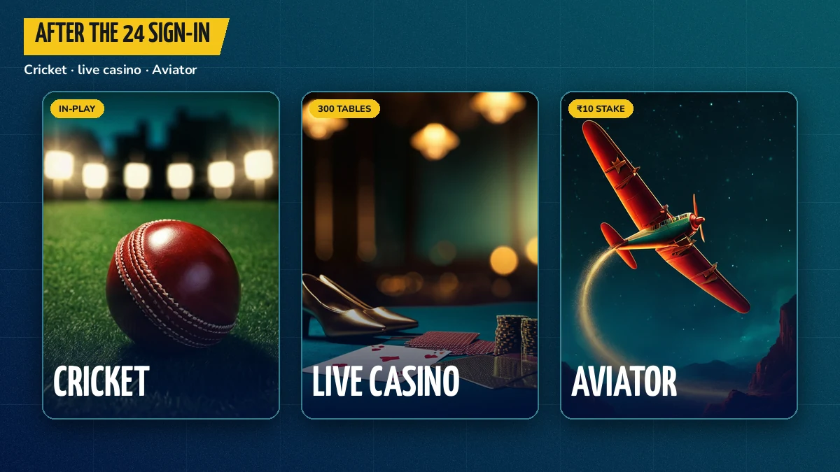 Strip of game tiles for cricket, live casino and Aviator that appear on FairPlay right after the 24 sign-in