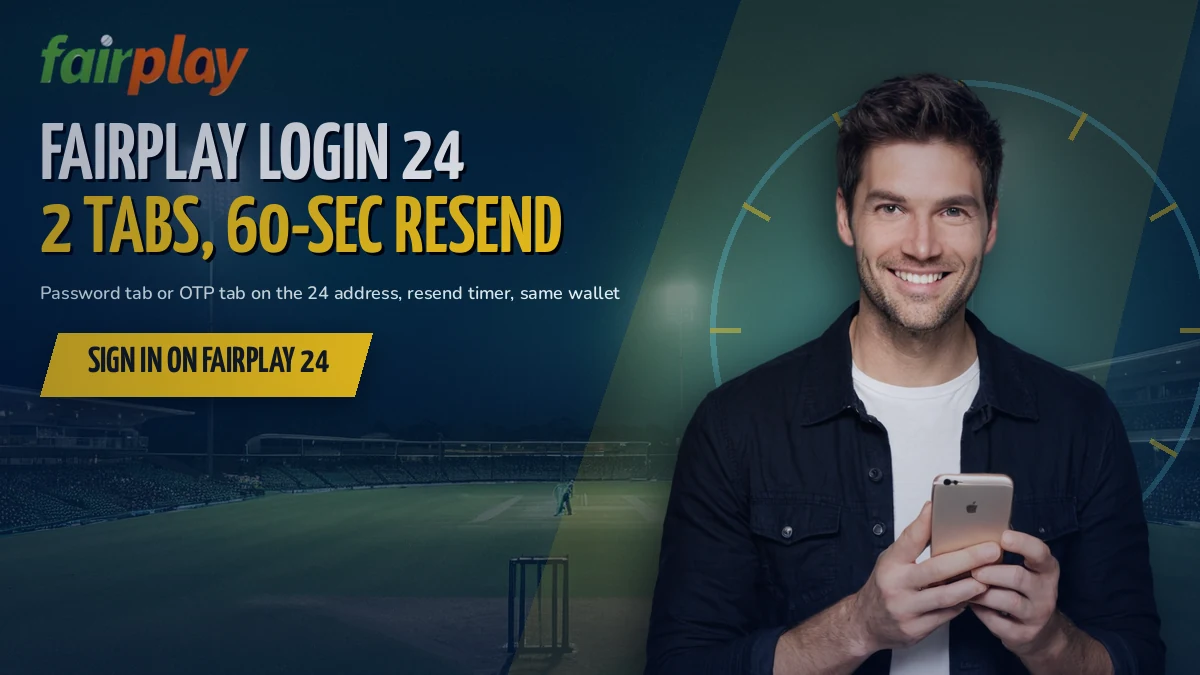 Smiling cricket fan at night holding a phone that shows the FairPlay login 24 card with its two sign-in tabs
