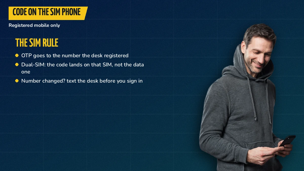 Cricket fan checking a FairPlay one-time code on the phone that holds the registered SIM