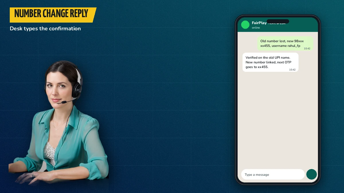 Support desk agent typing a reply about a FairPlay registered mobile number change