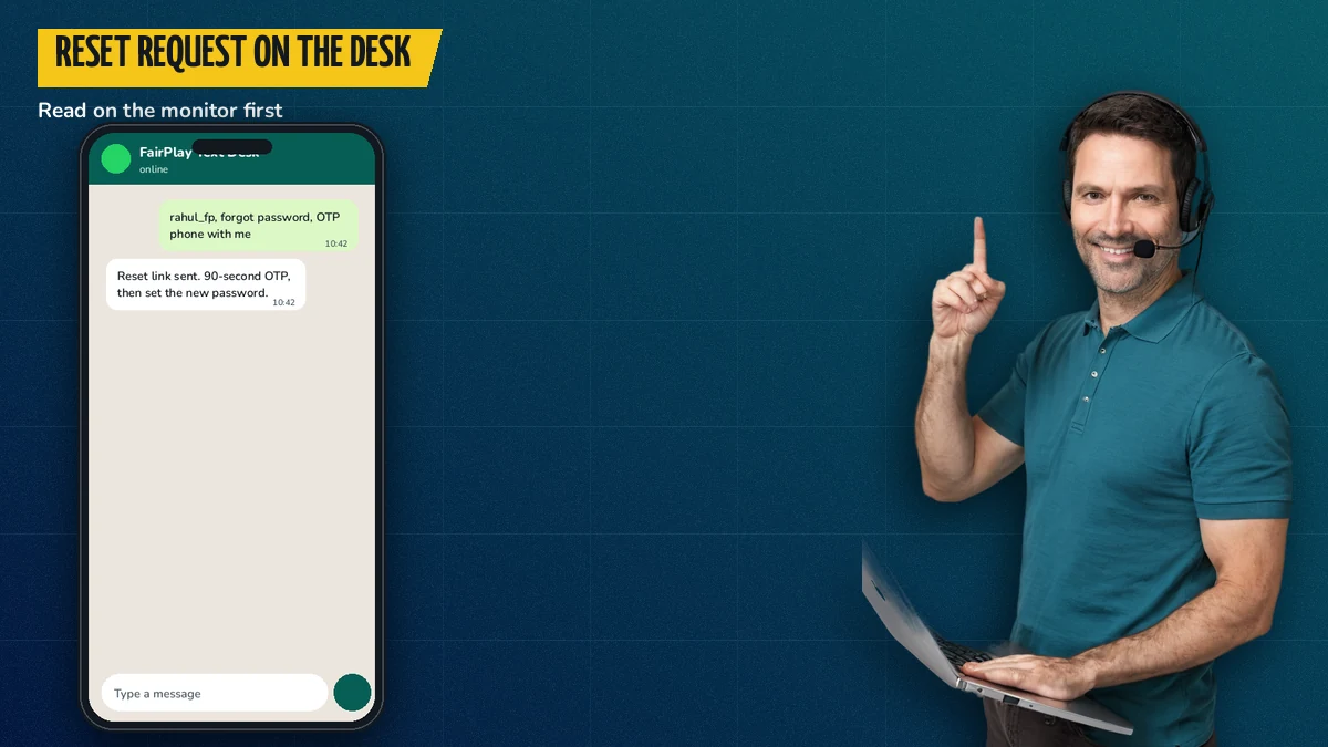 Support agent at a desk reading a WhatsApp text about a FairPlay password reset on a monitor