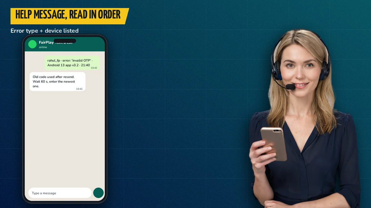 Support desk agent reading a FairPlay sign-in help message with the error type and device listed
