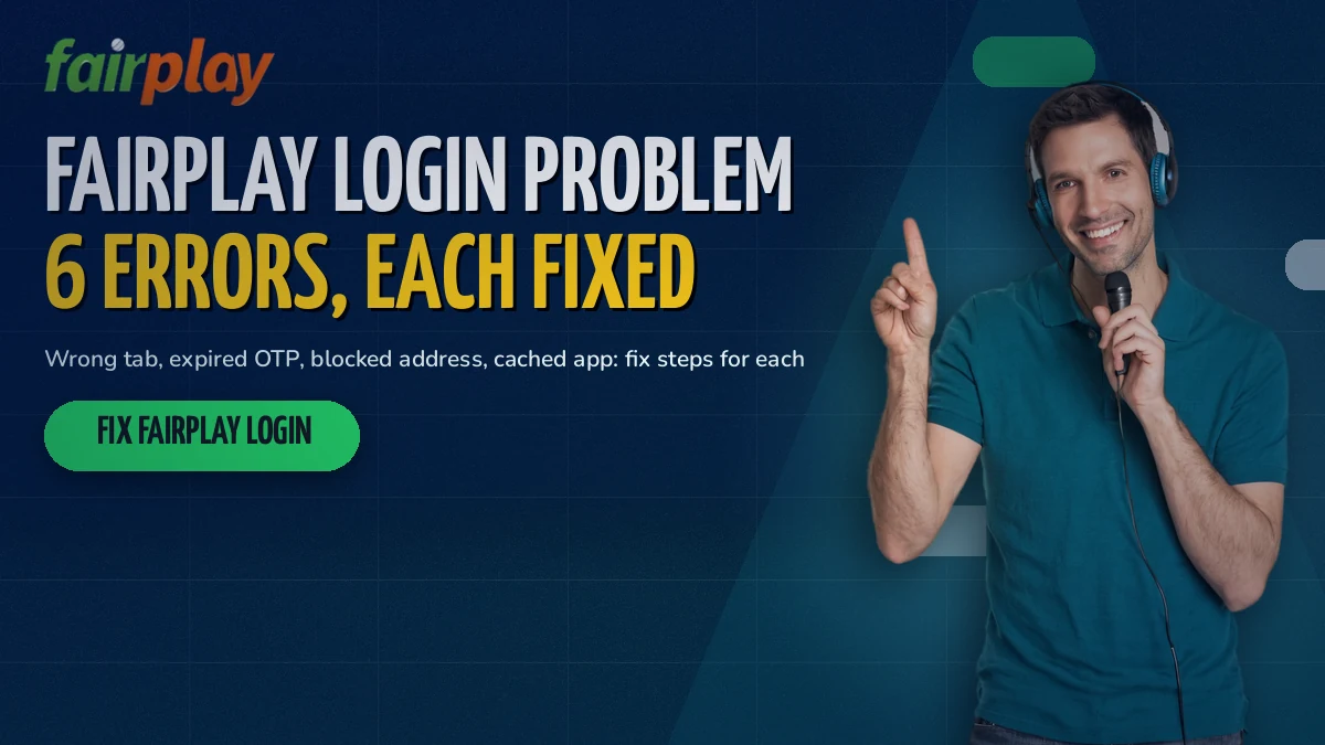 Support agent with a headset pointing at a phone showing a FairPlay sign-in error being fixed
