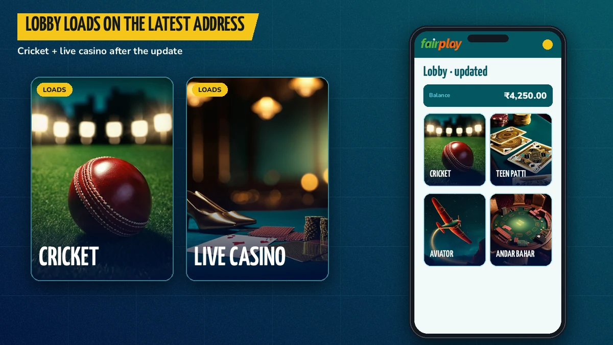 FairPlay cricket and live casino lobby loading normally on the latest address after the login update