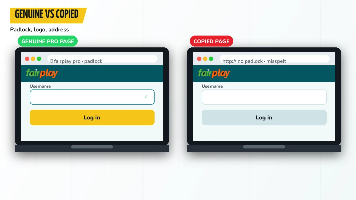 Side-by-side check of a genuine FairPlay Pro sign-in page against a copied page without a padlock