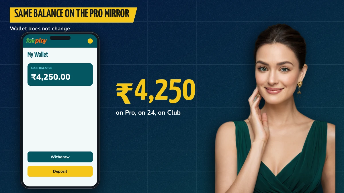 Casino hostess pointing at a phone that shows the same FairPlay balance on the Pro mirror