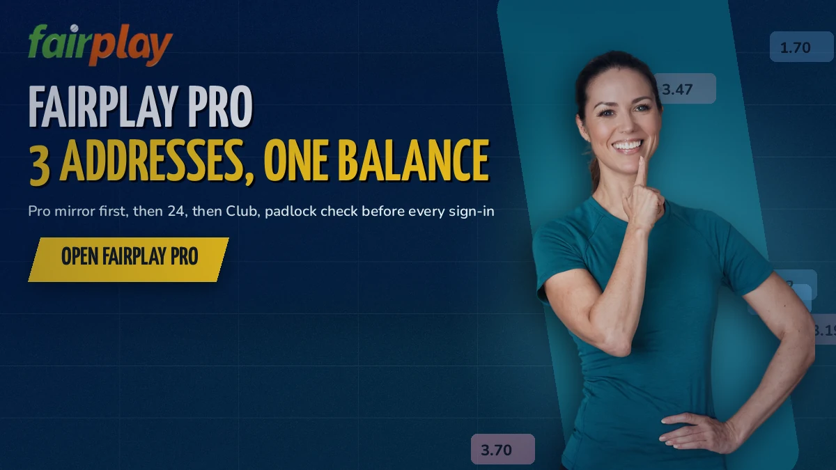 Cricketer holding a phone beside three FairPlay Pro address tiles on a teal banner