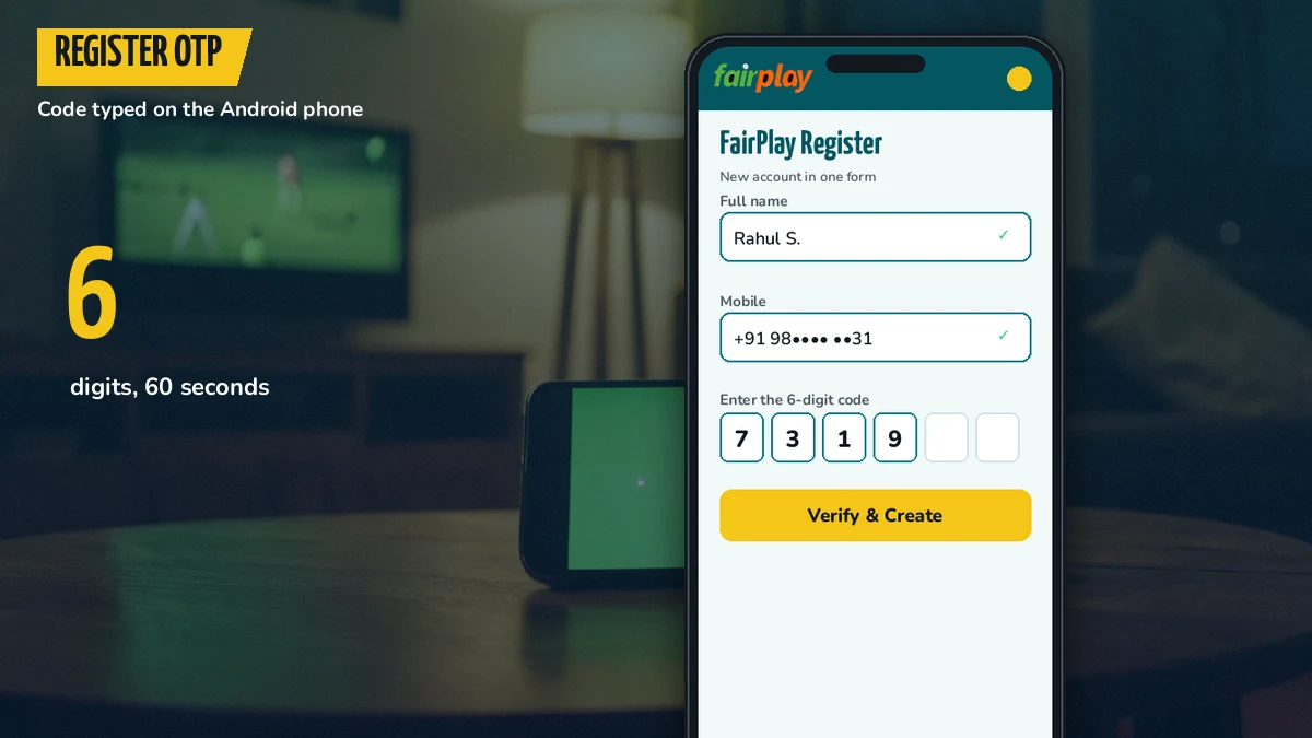 Close-up of a hand entering a one-time code on the FairPlay register screen of an Android phone