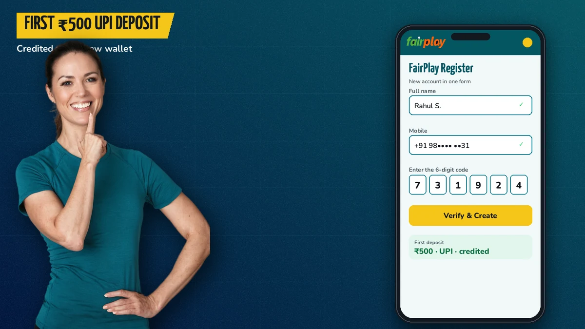 Adult woman cricketer pointing at a phone that shows a first 500 rupee UPI deposit credited to a new FairPlay wallet