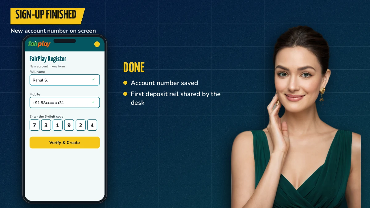 Casino hostess in her mid-twenties holding up a phone with a finished FairPlay sign-up and a new account number on screen