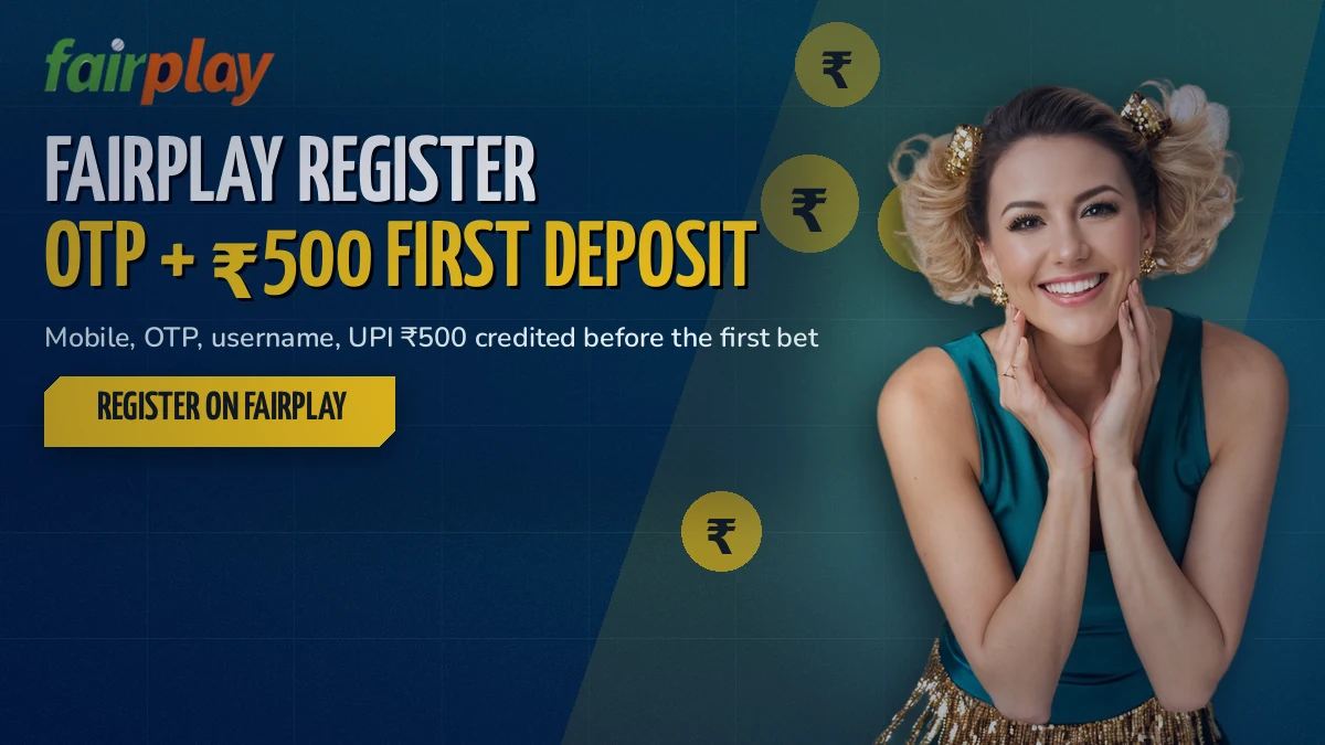 Smiling adult cricket fan holding a phone that shows the FairPlay register OTP screen next to a 500 rupee deposit tag