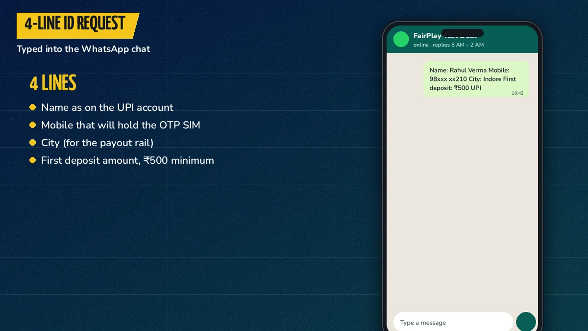 Phone screen with a four-line new ID request typed into the FairPlay WhatsApp chat