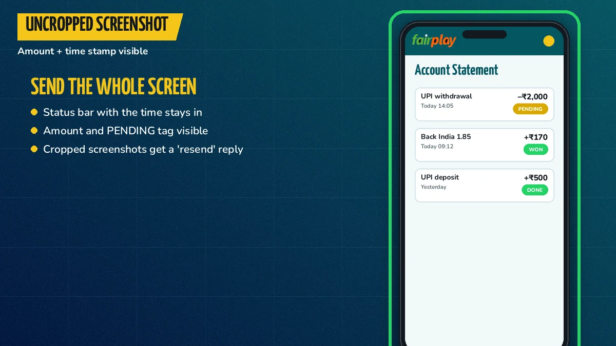 Uncropped withdrawal screenshot with amount and time stamp ready to send to the FairPlay desk