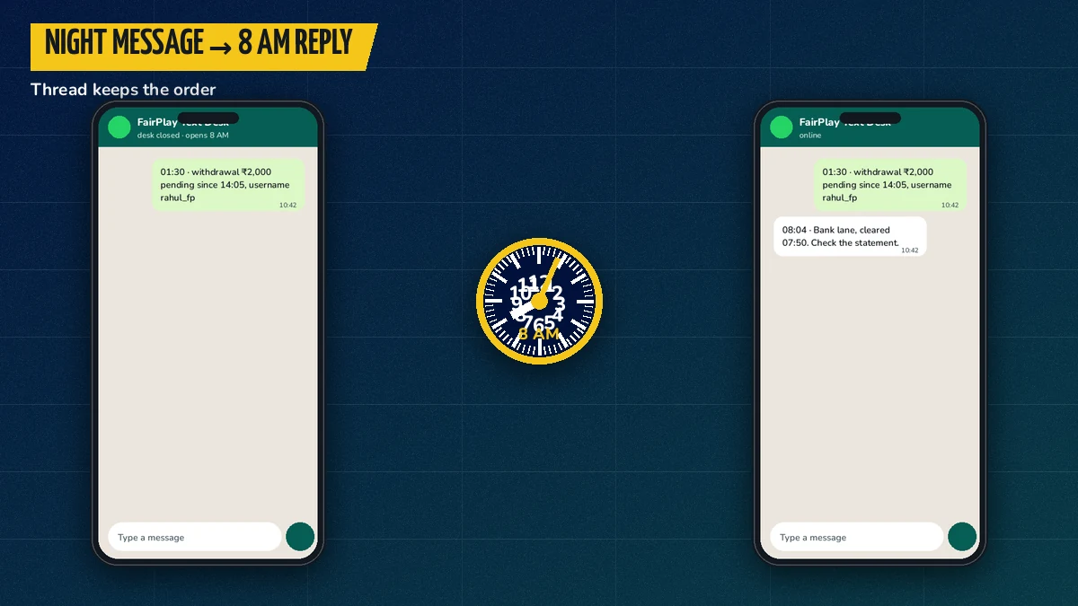 Split screen of a night message waiting in the thread and the FairPlay desk reply after 8 AM