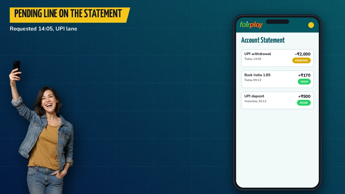 Player checking a pending FairPlay withdrawal line on the account statement screen of a phone