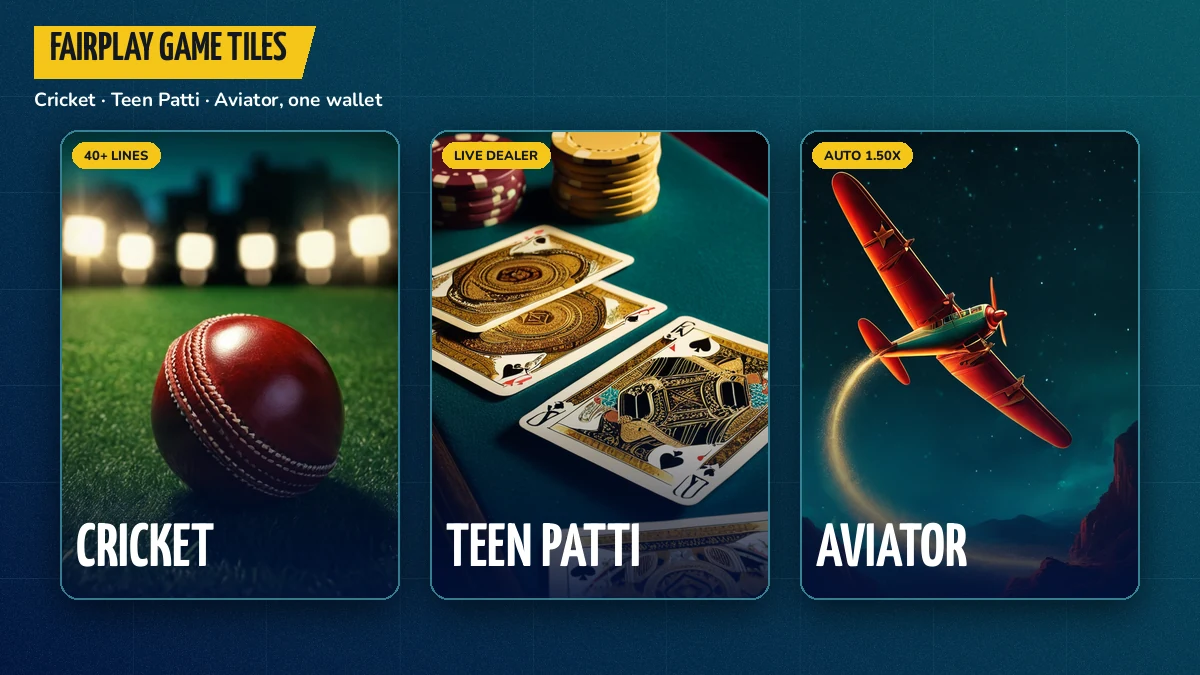Strip of FairPlay game tiles showing a cricket match board, a Teen Patti table and the Aviator plane
