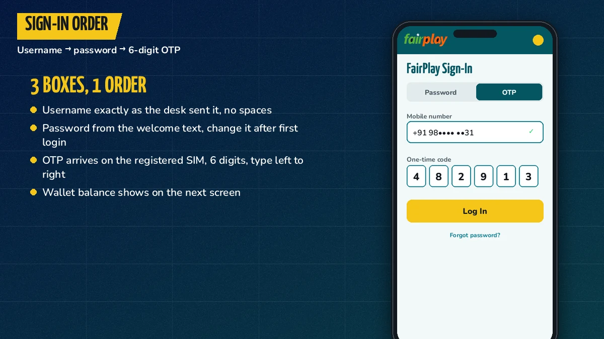 Close view of a phone screen with the FairPlay username, password and six-digit OTP boxes filled in order