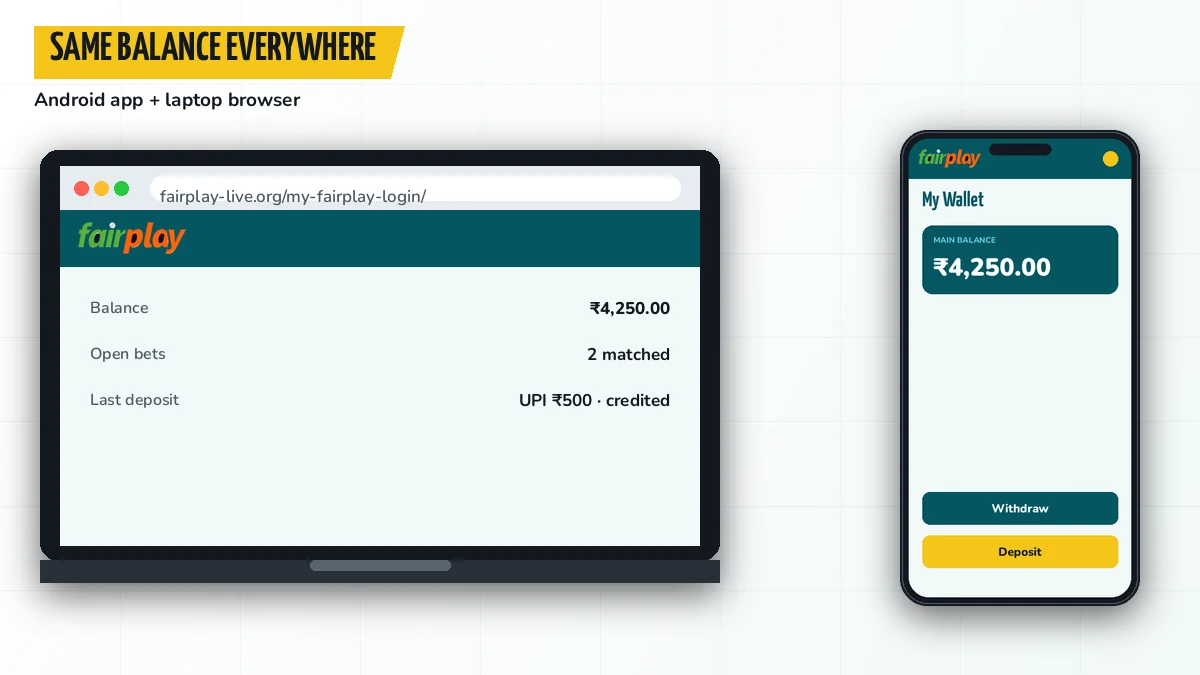 Split screen with the FairPlay app on an Android phone and the same account balance open in a laptop browser