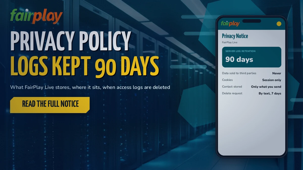 Server rack beside a phone screen showing the FairPlay Live privacy notice with a 90 day log counter