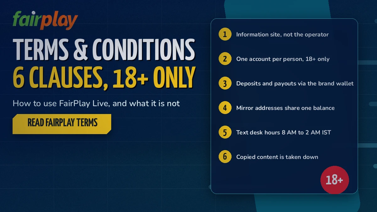 Numbered list of six FairPlay Live usage clauses beside an 18 plus age badge